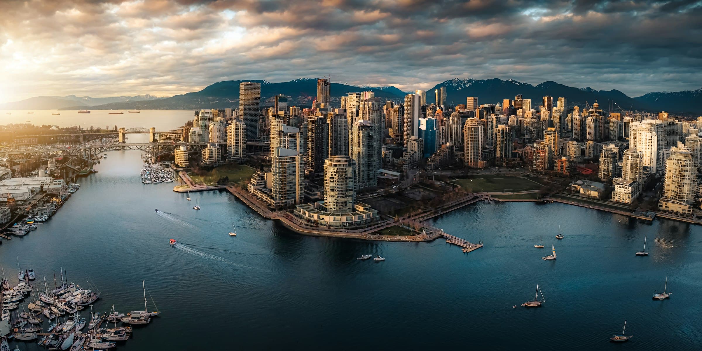 Aerial view of the Downtown Vancouver skyline at first light